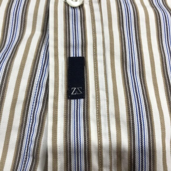 ZegnaSport Shirt Mens Medium Blue Brown Stripe Button Front Long Sleeve Cotton - Picture 5 of 11